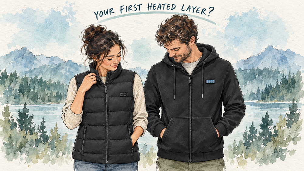 Watercolor illustration comparing the ThermStride vest and hoodie as first heated layers