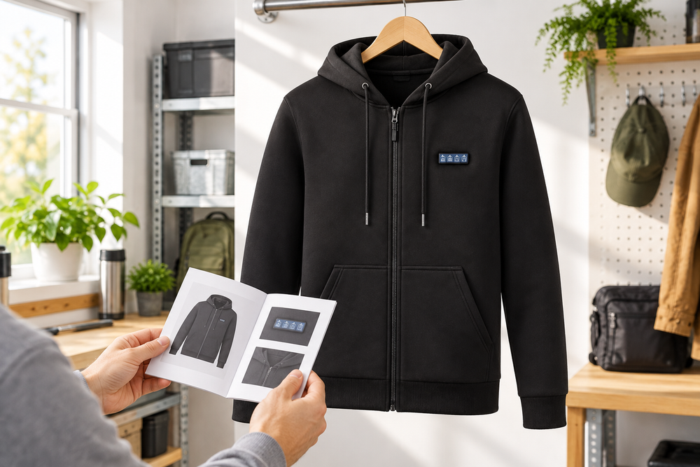 Editorial photograph of the ThermStride hoodie beside hands checking its battery instructions