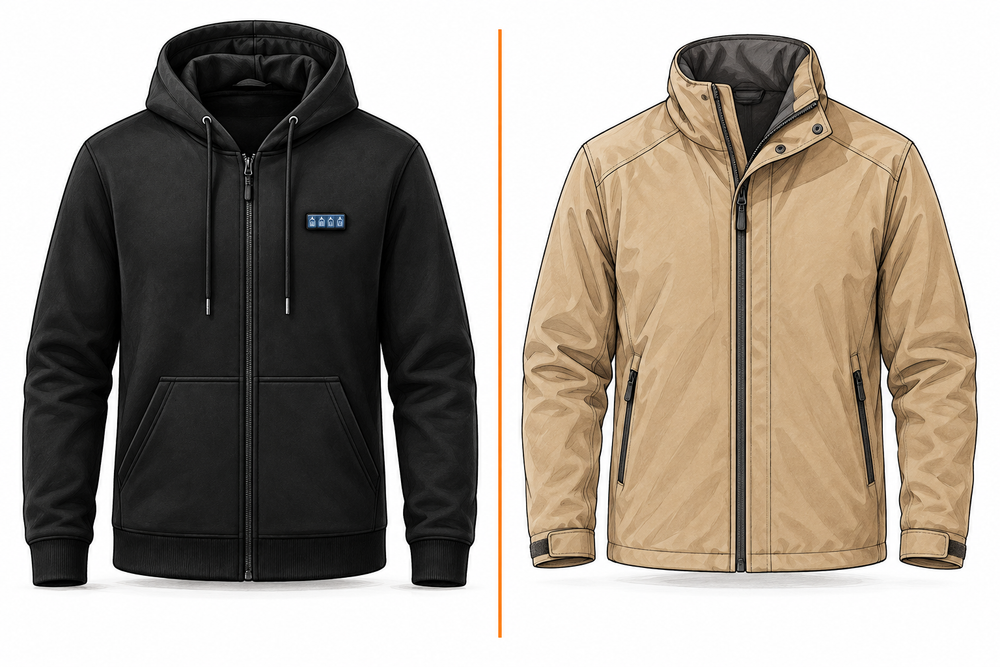 Technical-style illustration comparing the ThermStride hoodie with a generic outer-jacket silhouette