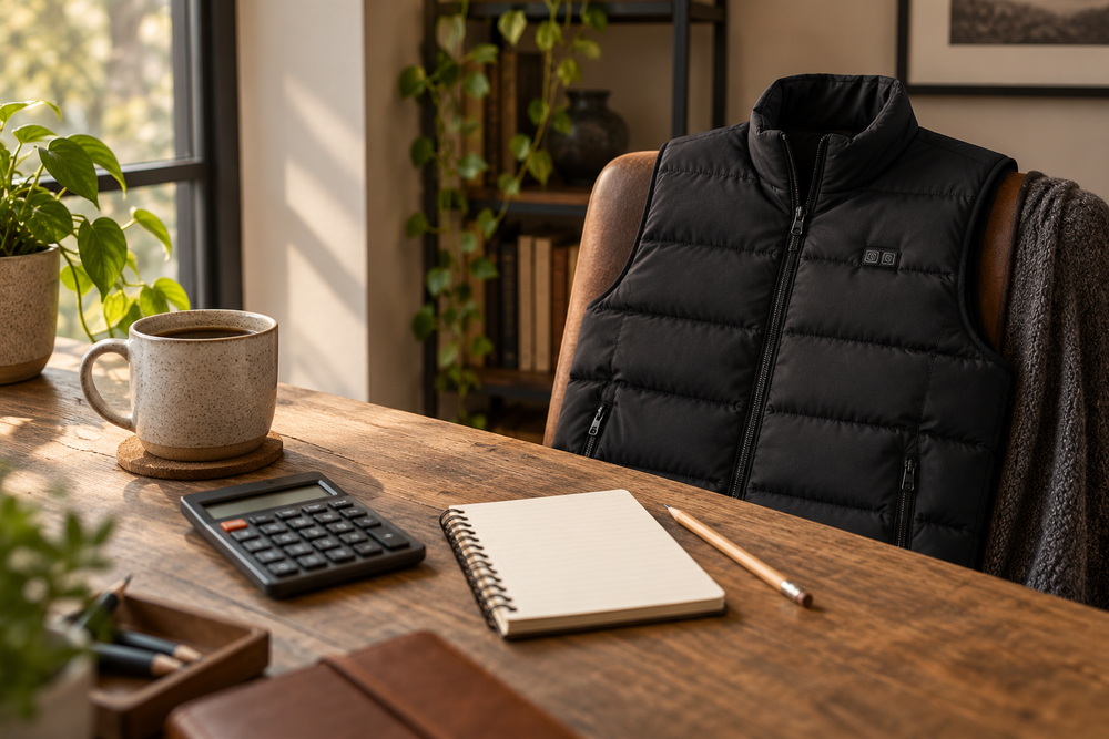 Calculator and notebook beside a chair holding the ThermStride vest