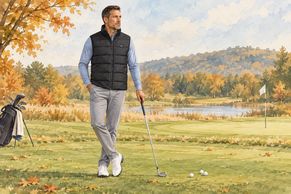Watercolor illustration of a golfer wearing the ThermStride vest on an autumn practice green