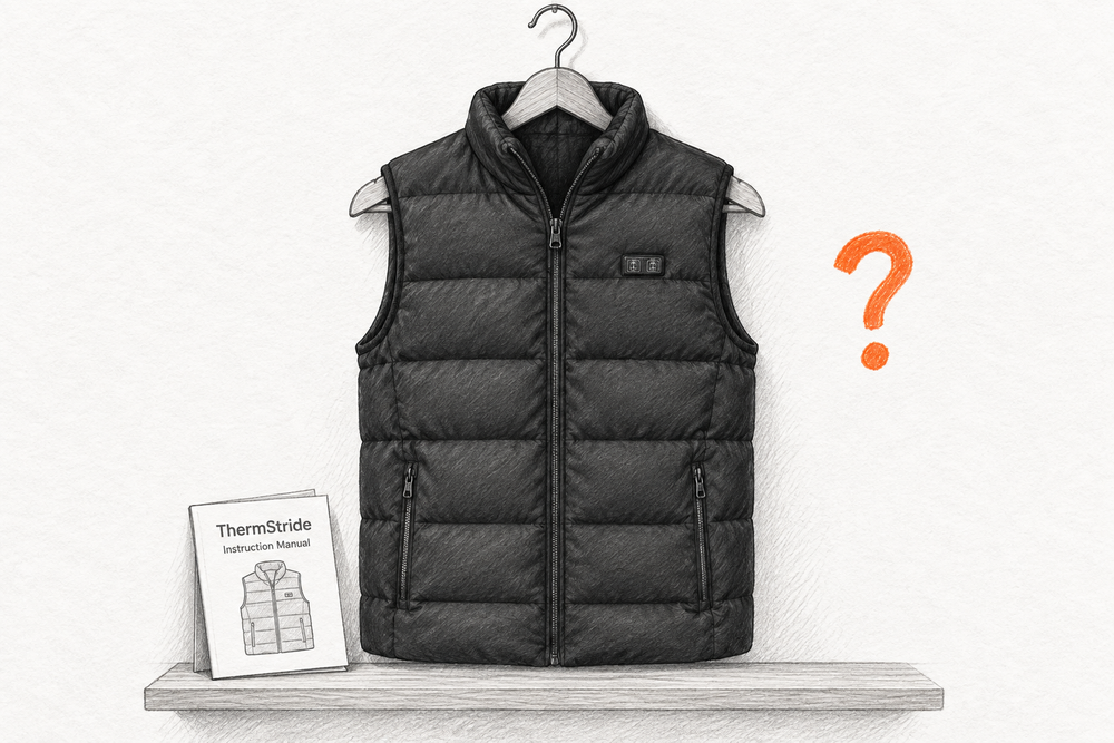 Pencil illustration of the ThermStride vest and non-invasive troubleshooting checks