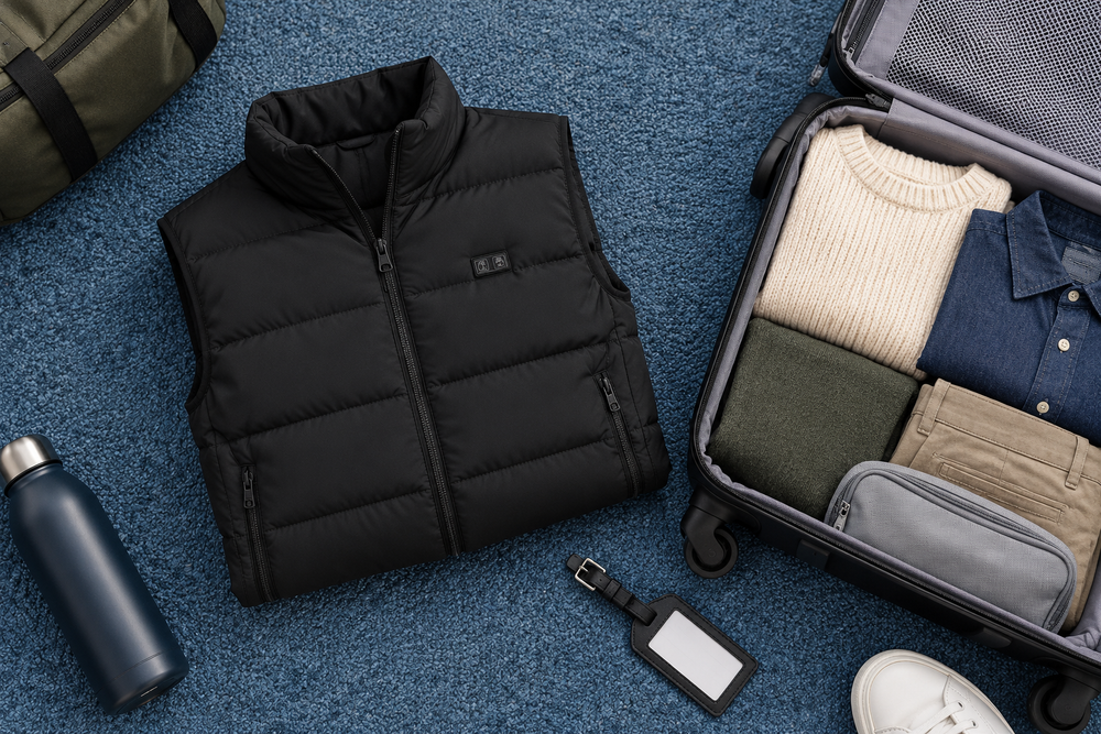 Travel flatlay with the ThermStride vest and an open carry-on suitcase