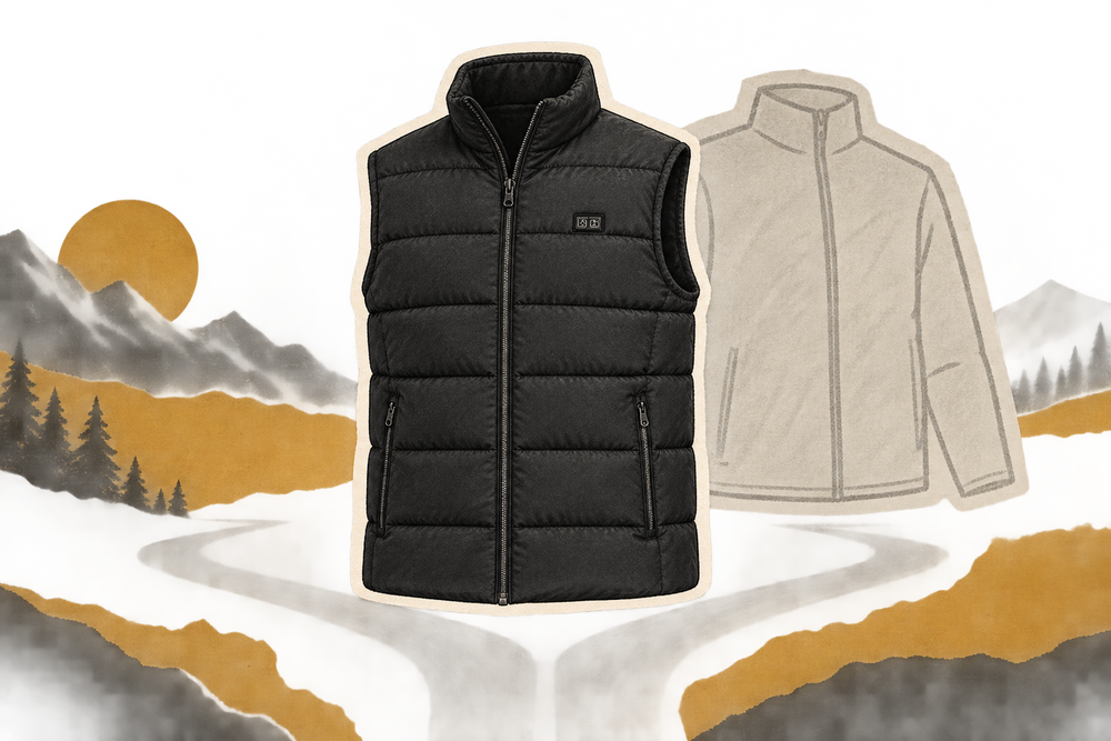 Illustrated ThermStride heated vest beside a schematic jacket outline, comparing sleeveless and sleeved layers
