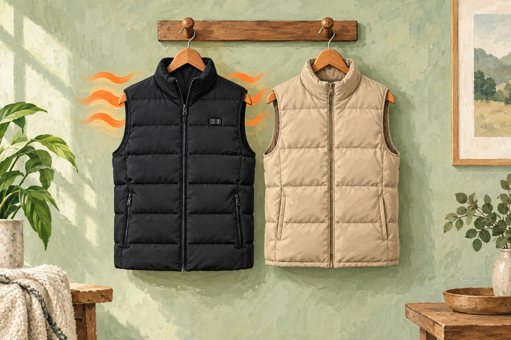 Editorial illustration comparing the ThermStride heated vest and an ordinary insulated vest