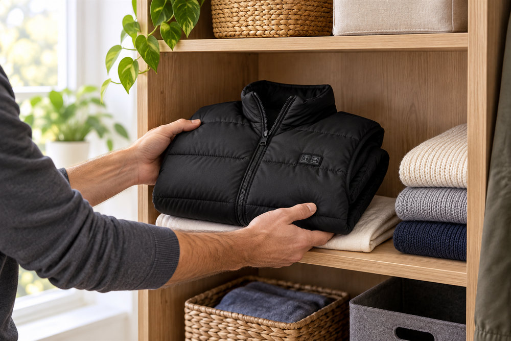 Natural storage scene with a clean ThermStride vest being loosely folded onto a wardrobe shelf