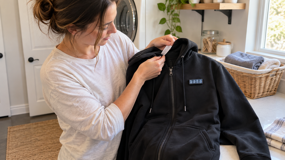 Woman checking the care label of a loosely held ThermStride heated hoodie