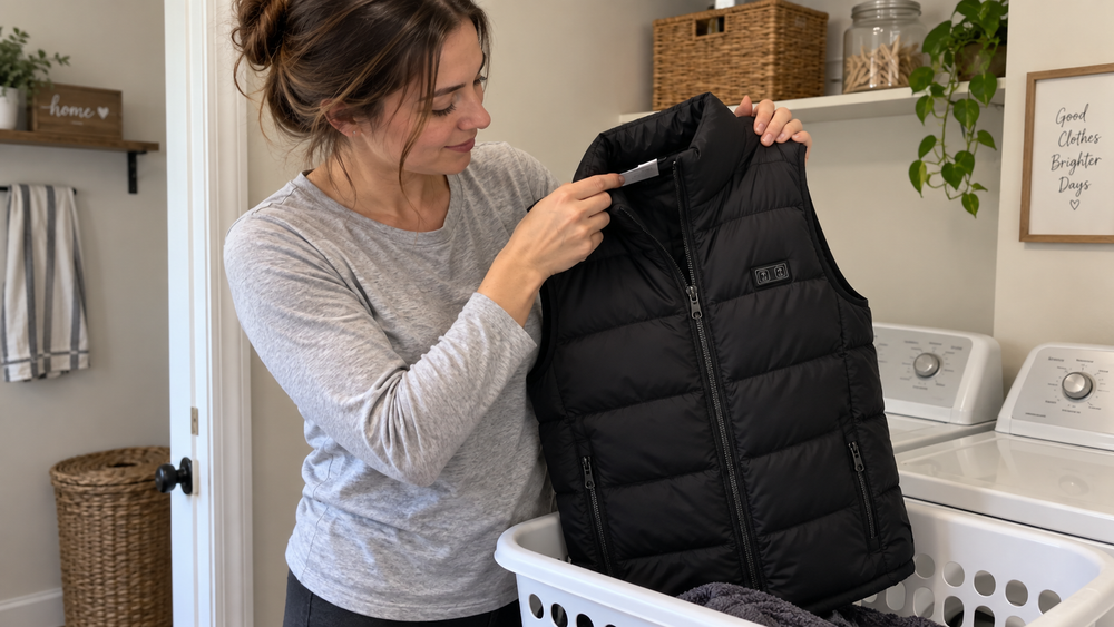Woman holding the ThermStride vest naturally while preparing to check its care label