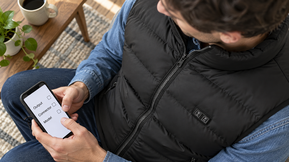 Overhead view of a ThermStride vest wearer checking output, connector and model on a phone checklist