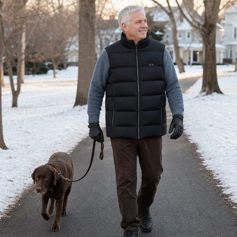 Walking a dog in a ThermStride heated vest