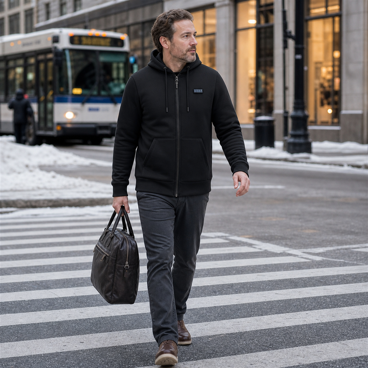 ThermStride black heated hoodie shown in an urban winter commuting scene