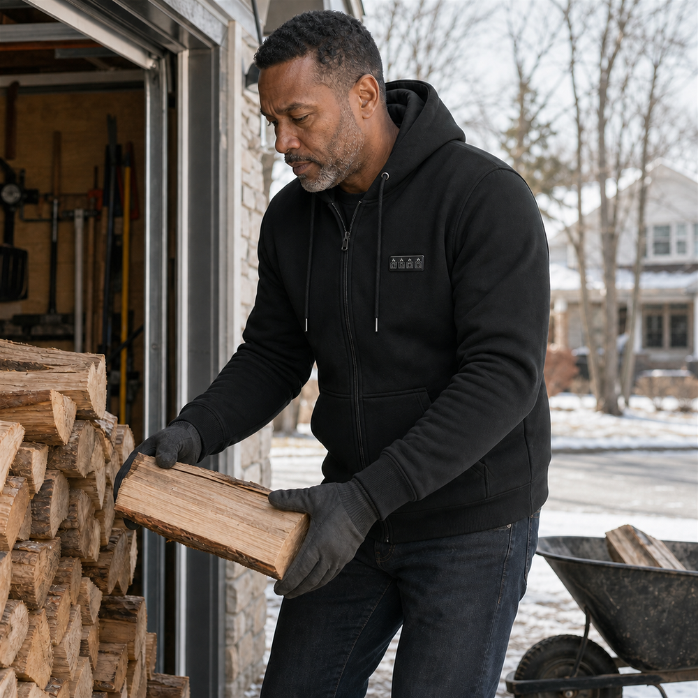 ThermStride heated hoodie shown during an outdoor wood-handling scene