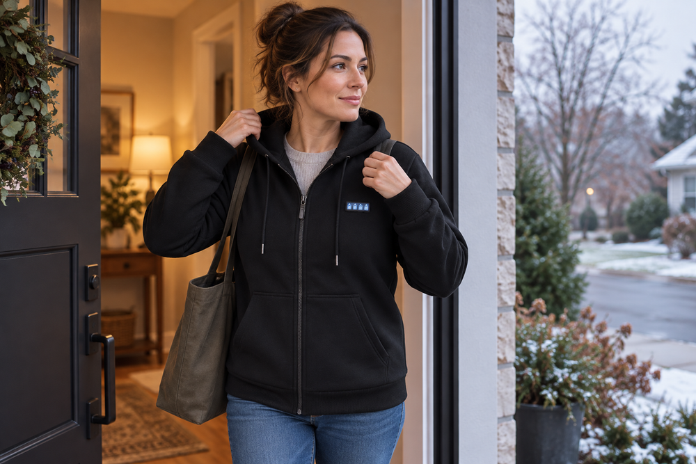 Candid illustrative scene of a woman putting on a ThermStride hoodie at her doorway