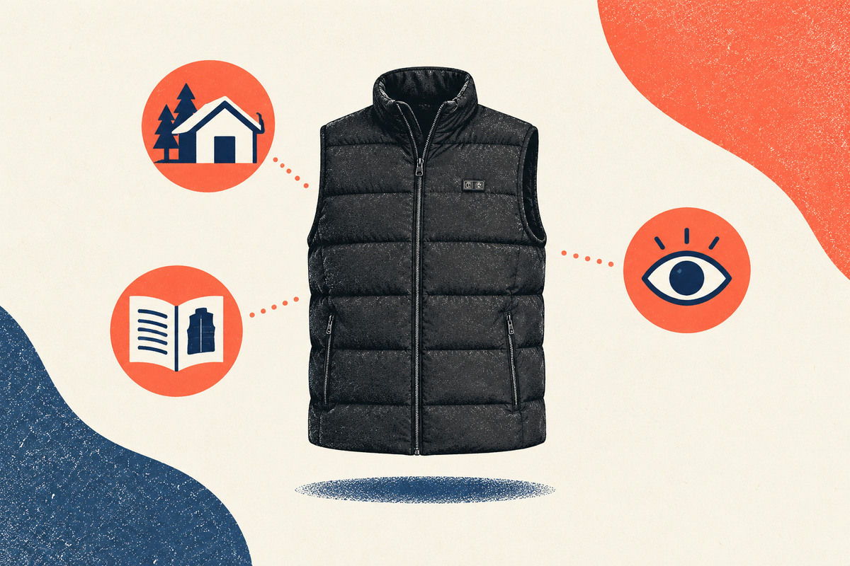 Screenprint illustration of the ThermStride vest with instruction and inspection symbols