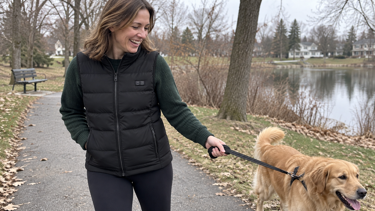 Woman wearing the black ThermStride heated vest during a relaxed dog walk