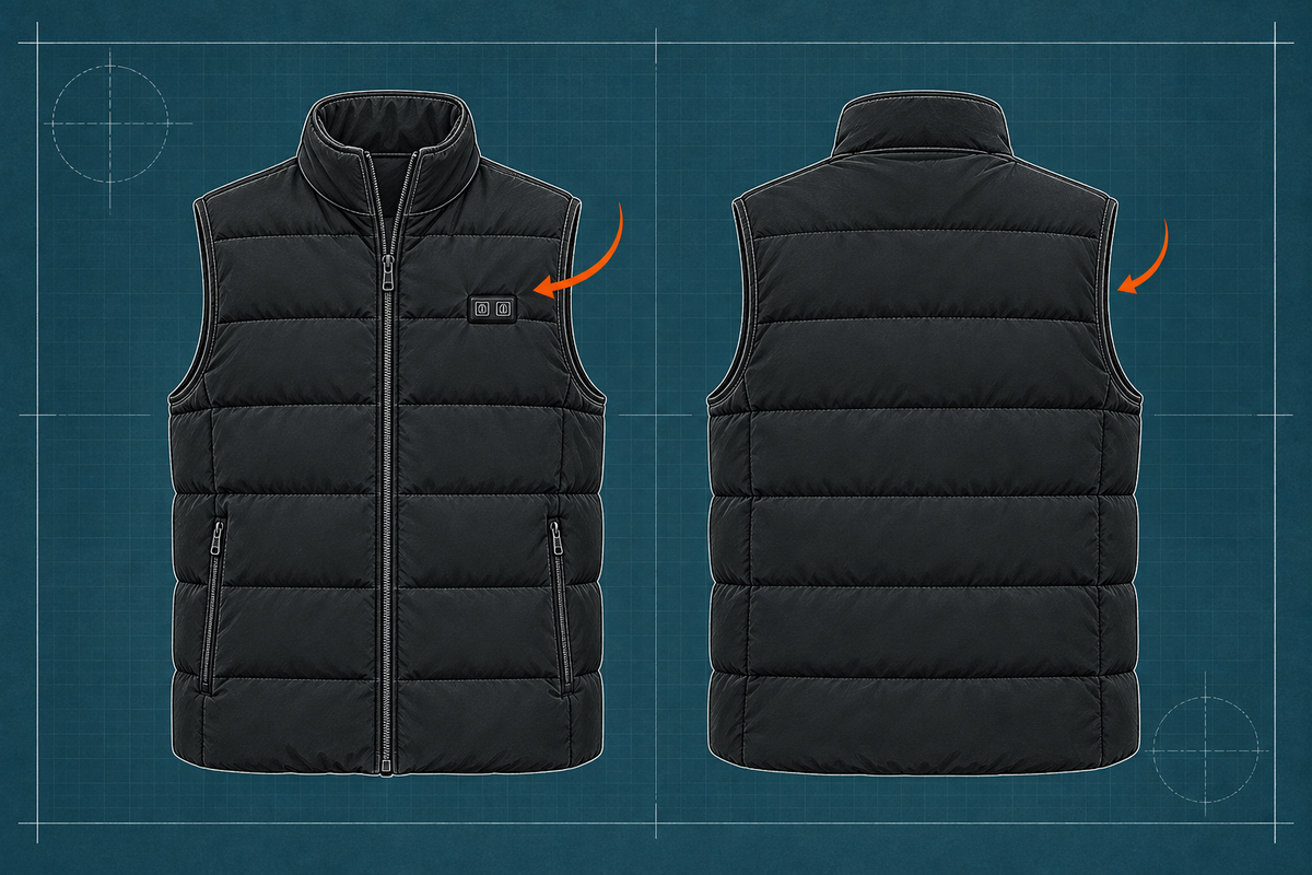 Blueprint-style illustration of the ThermStride vest’s front and back views for independent area control
