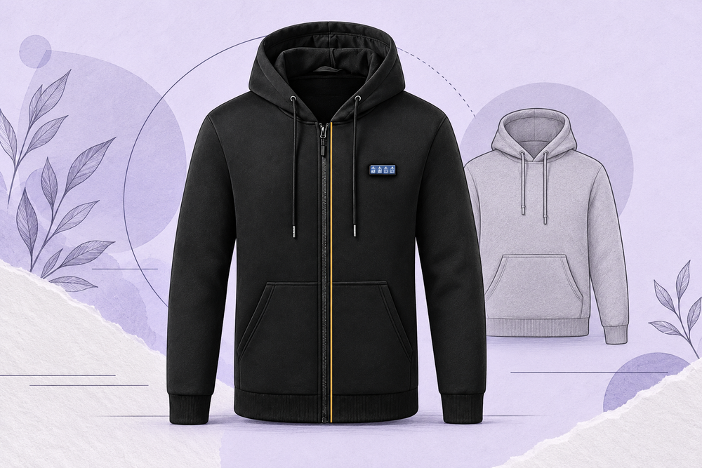Editorial illustration comparing the ThermStride full-zip hoodie with a generic pullover outline