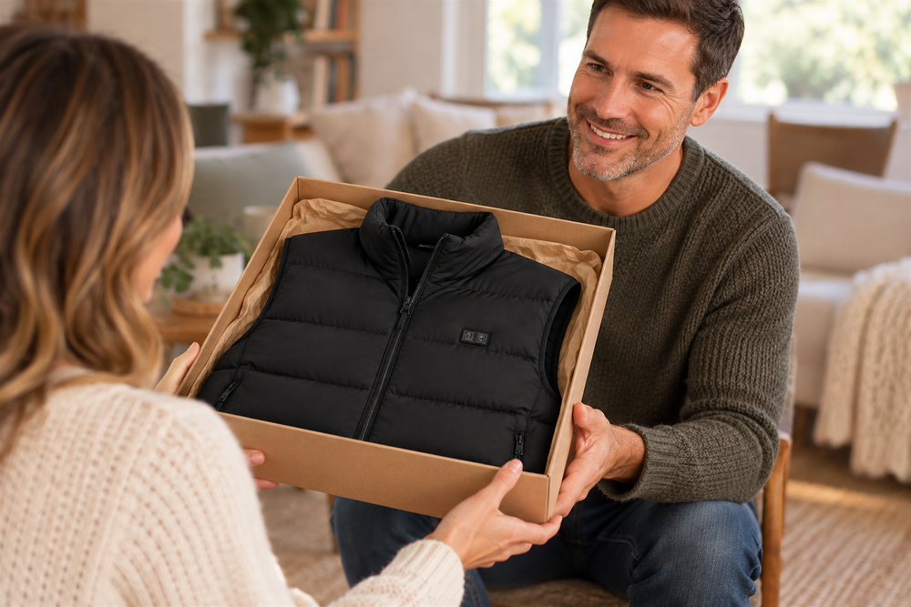 Illustrative gift-giving scene with a ThermStride vest arranged in an open kraft box