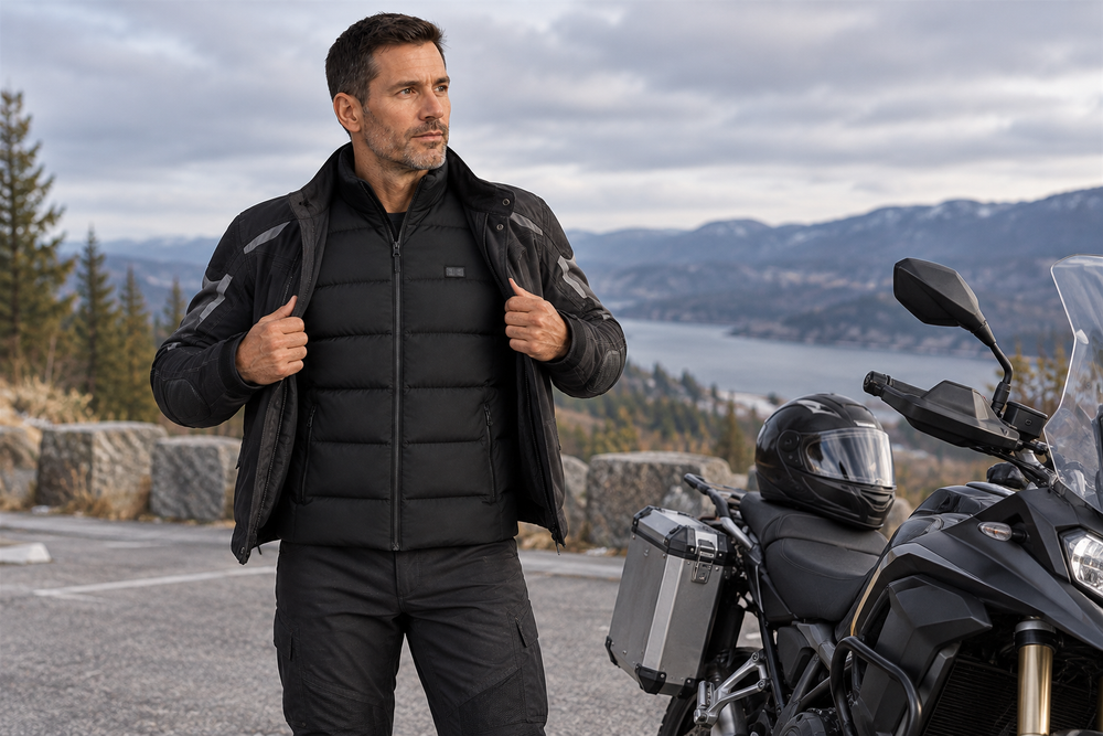 Illustrative scene of a stopped rider showing the ThermStride vest beneath an open riding jacket