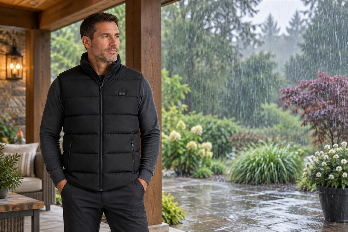 Illustrative rainy-day scene with a ThermStride vest wearer sheltered on a dry covered porch