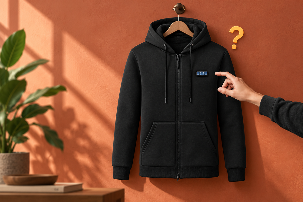Terracotta editorial illustration of the ThermStride hoodie and its four-area controller