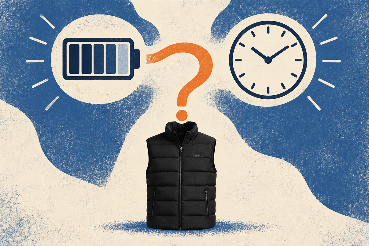Conceptual illustration linking the ThermStride vest with a battery gauge and a clock