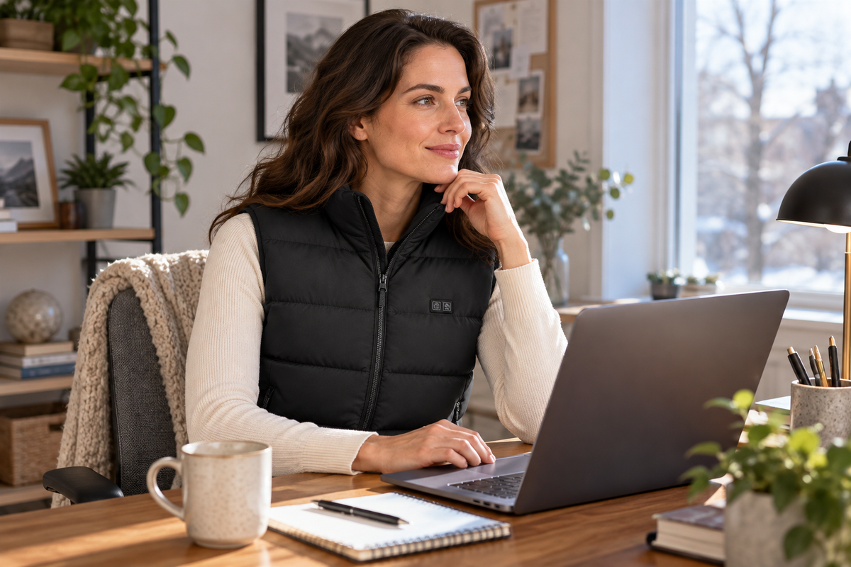 Illustrative office scene with a woman wearing the ThermStride vest at her desk