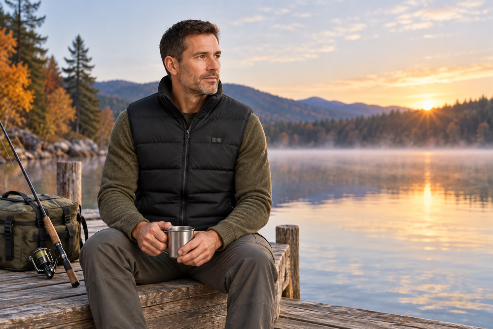 Illustrative dawn fishing scene with a man wearing the ThermStride vest on a dry lakeside dock