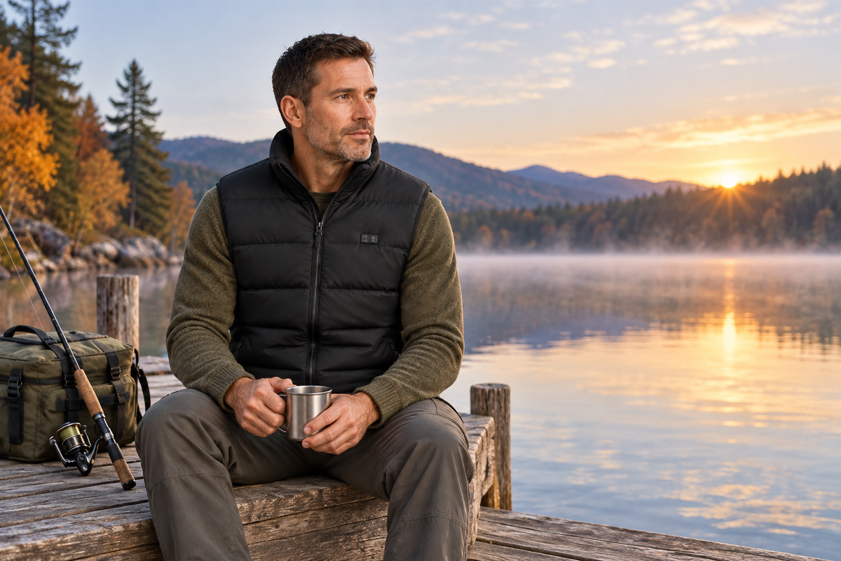 Illustrative dawn fishing scene with a man wearing the ThermStride vest on a dry lakeside dock