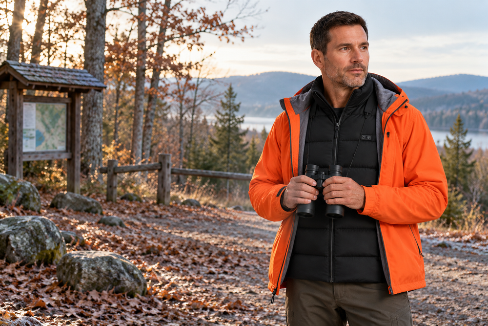 Illustrative woodland scene of a vest wearer with binoculars and an orange outer jacket