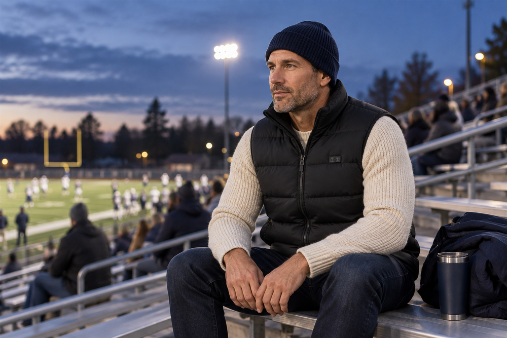 Illustrative evening football spectator wearing the ThermStride black heated vest over a sweater in outdoor bleachers