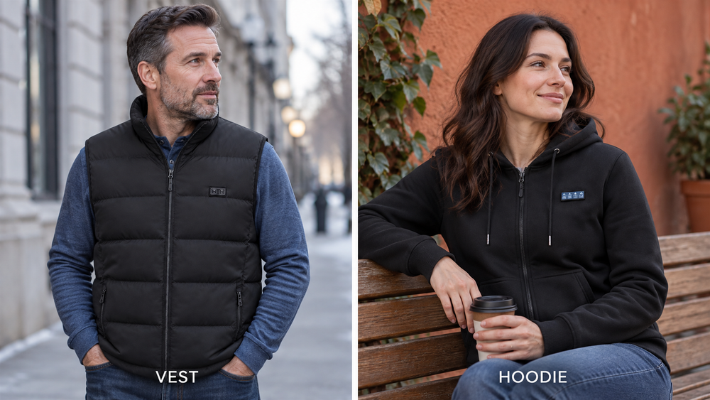 Side-by-side portraits comparing the ThermStride heated vest and heated hoodie