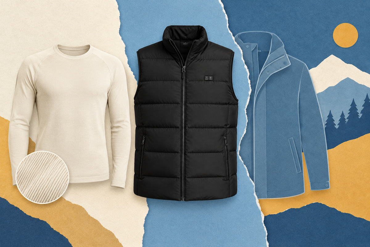 Cut-paper illustration of the ThermStride vest alongside a plain thermal base layer