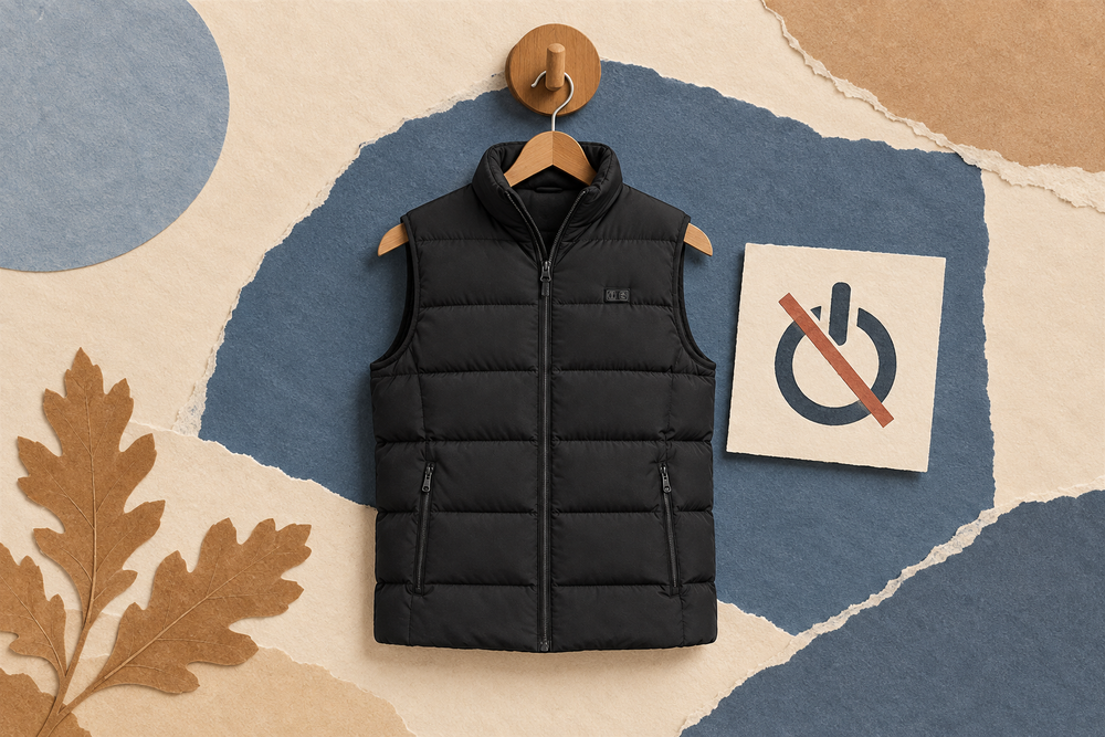 Paper collage of the ThermStride vest beside a separate unpowered symbol