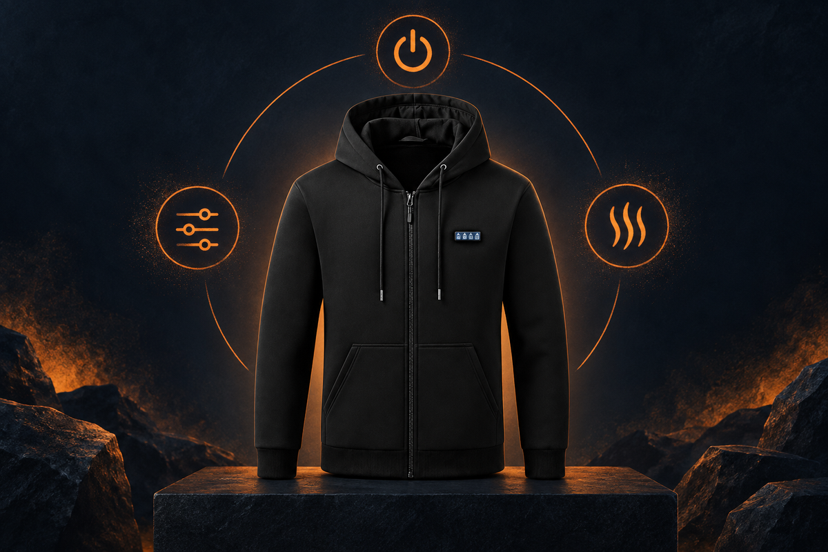 Conceptual illustration of the ThermStride hoodie with power, control and warmth symbols