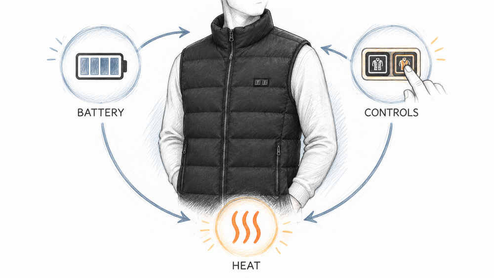 Sketch of the ThermStride heated vest with conceptual battery, controls and heat labels