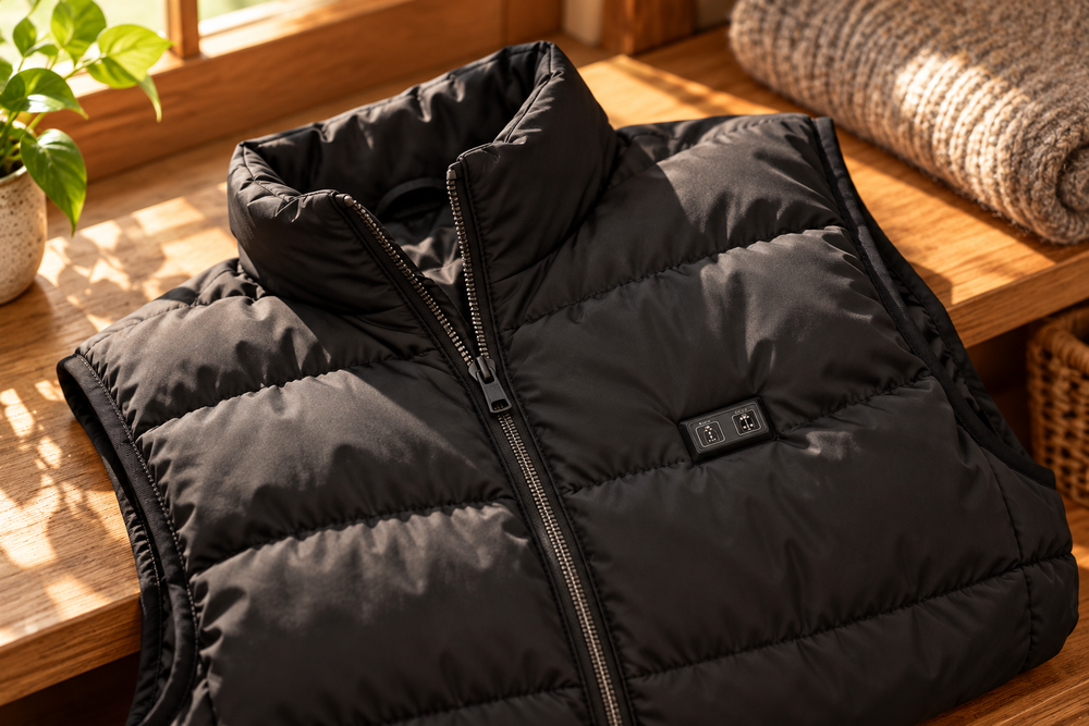 Close product-care view of the ThermStride vest’s fabric, collar and zipper