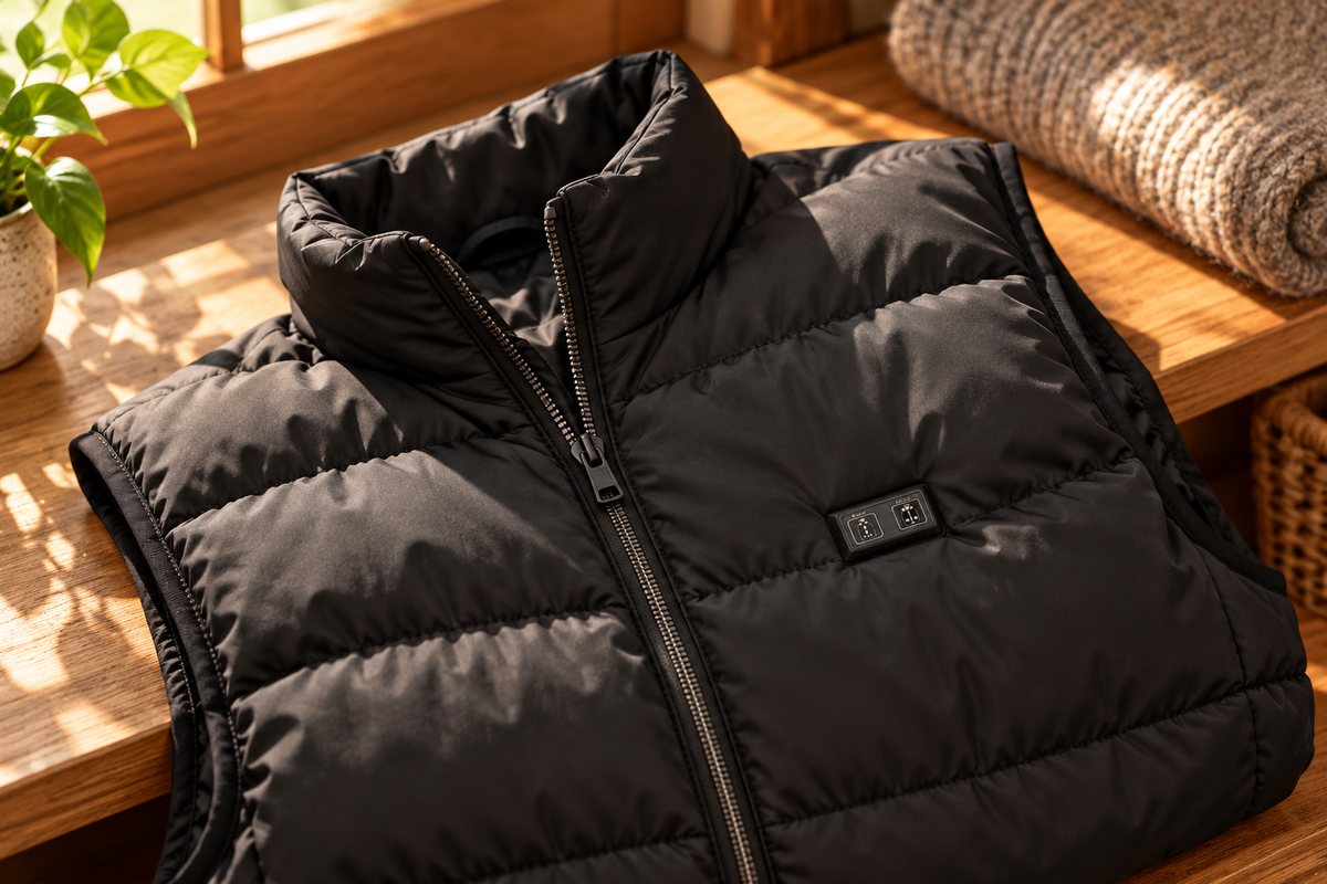 Close product-care view of the ThermStride vest’s fabric, collar and zipper