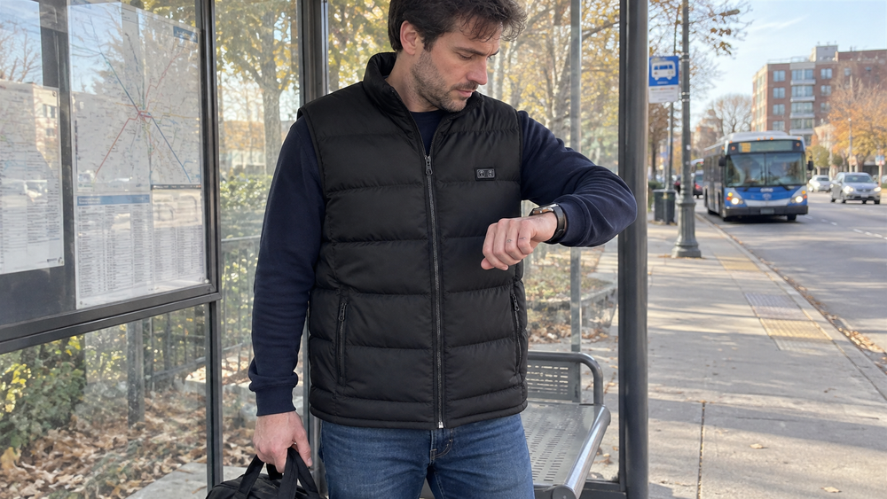 Man wearing the ThermStride heated vest checking his watch at a bus stop