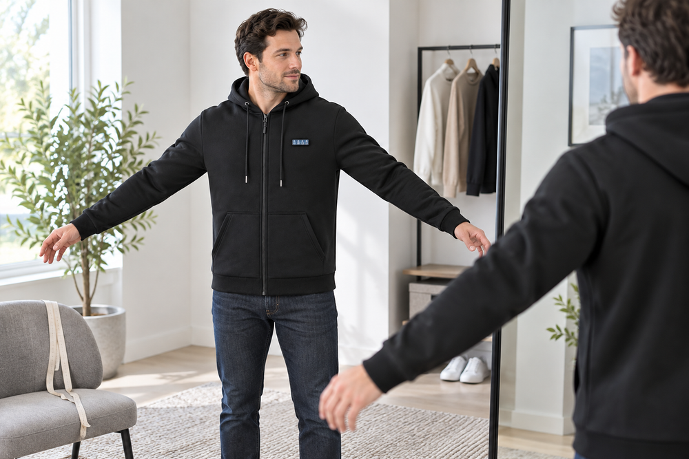 Natural fitting scene showing a man checking the fit of a ThermStride heated hoodie