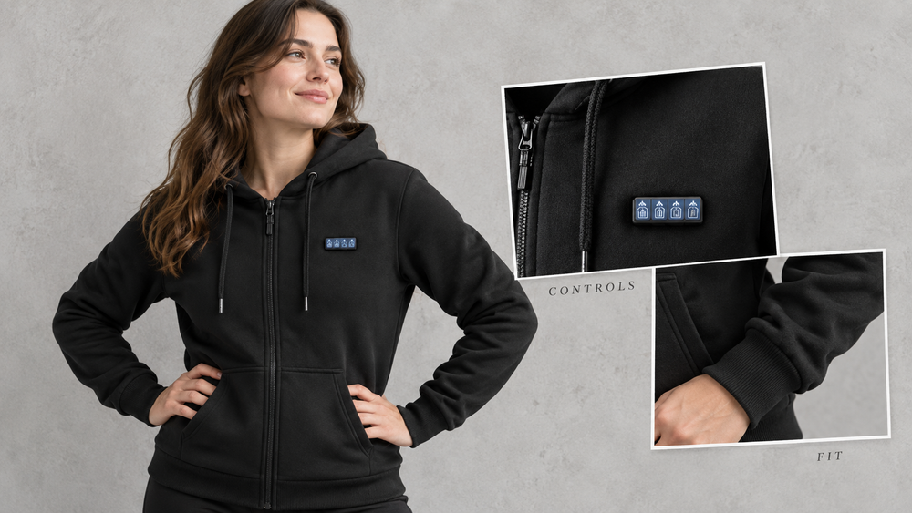 Editorial collage of the ThermStride hoodie fit, four-button controller and cuff details