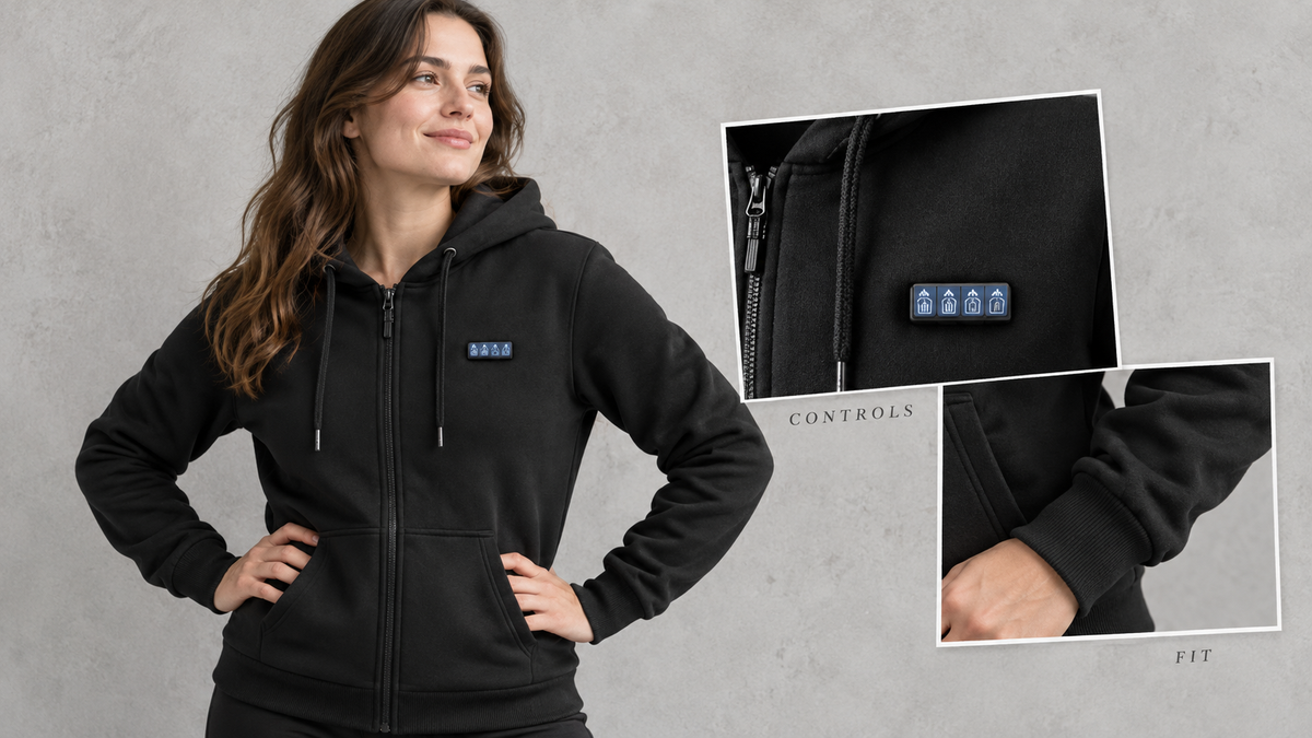Editorial collage of the ThermStride hoodie fit, four-button controller and cuff details