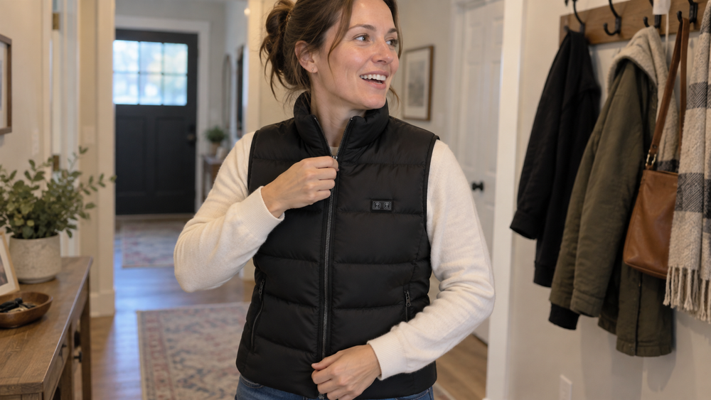 Woman trying on the ThermStride heated vest in a home hallway