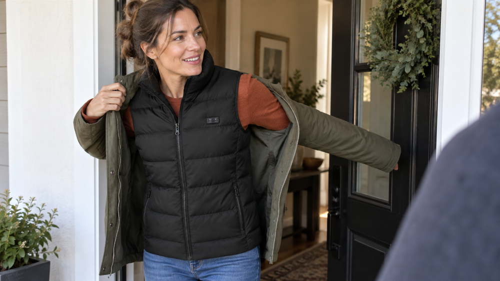 Woman putting an open coat over the ThermStride vest and a long-sleeve top