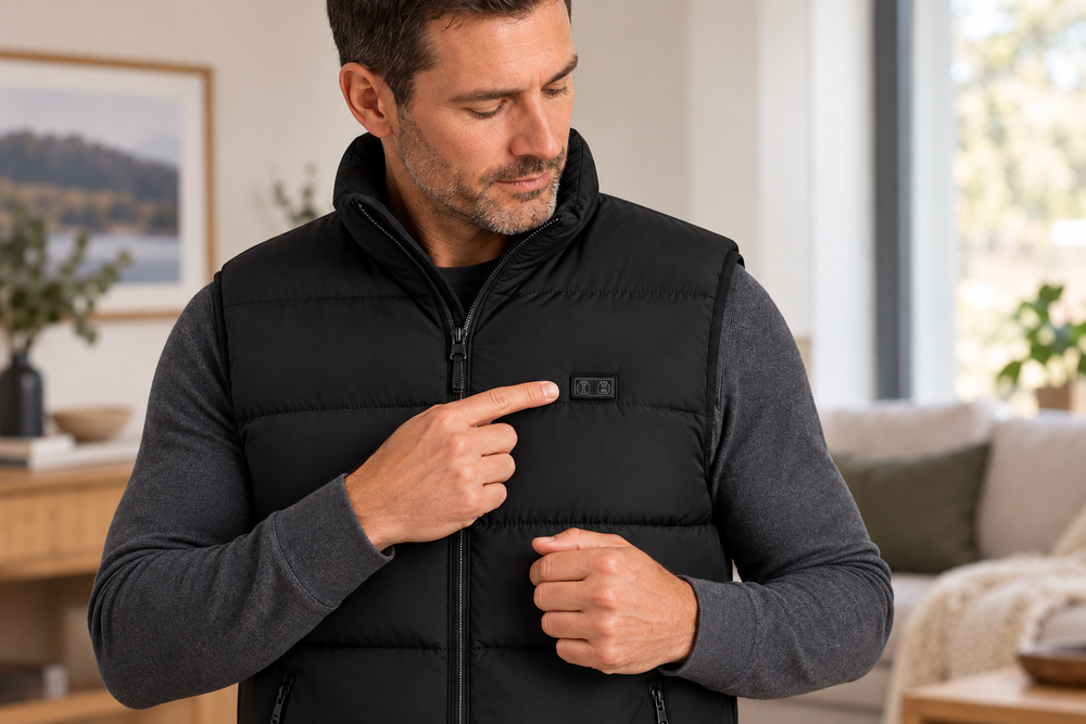 Close view of a wearer checking the ThermStride vest’s dual chest controller