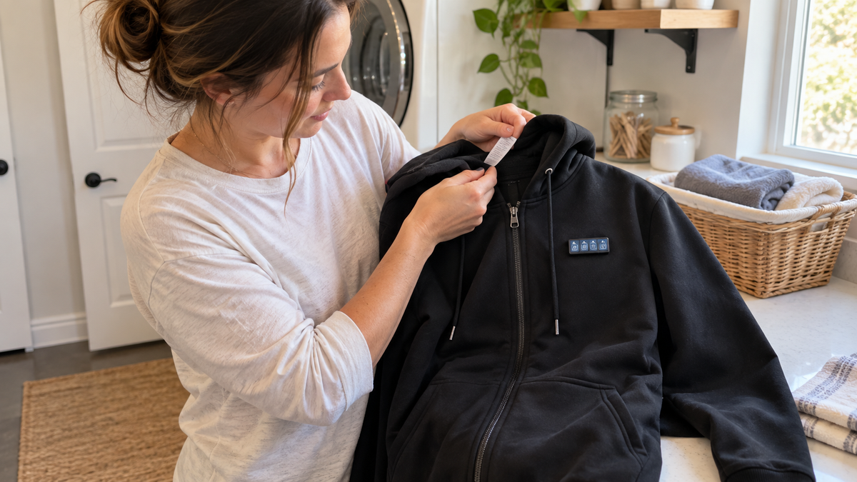 Woman checking the care label of a loosely held ThermStride heated hoodie