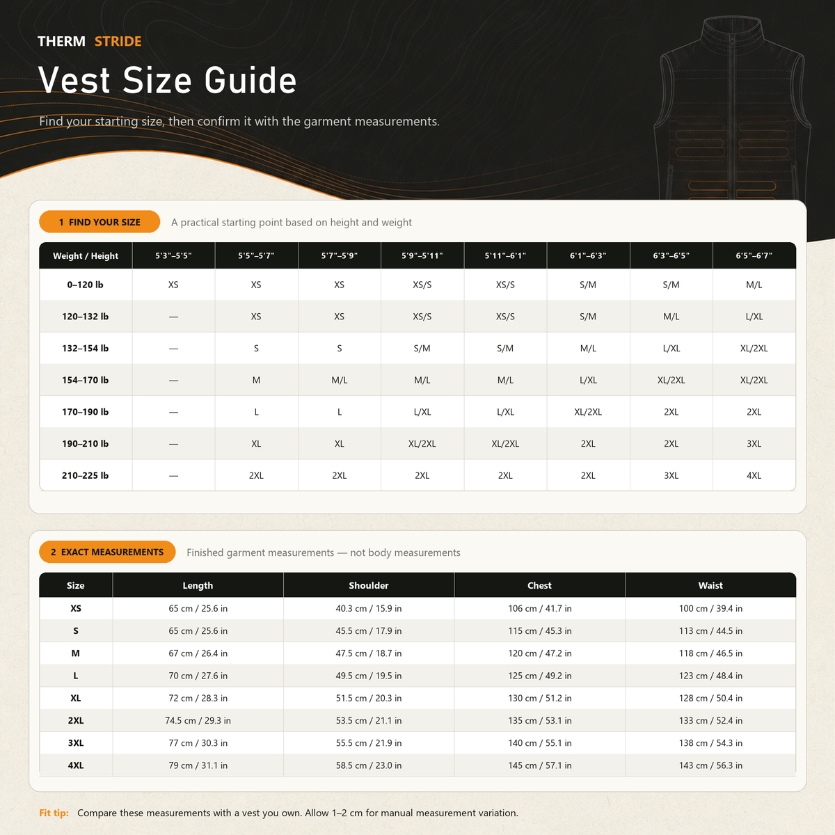 ThermStride heated vest size chart