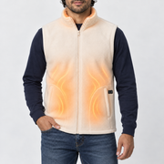 Model wearing the cream polar fleece heated vest with an illustrative warm heating effect