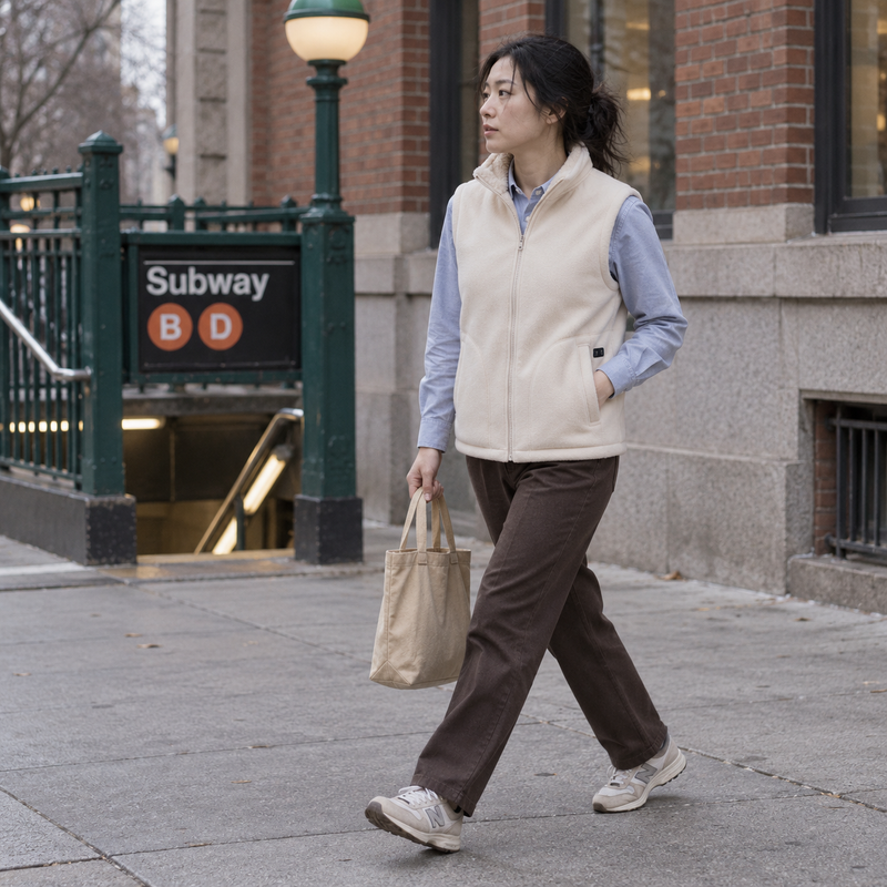 Cream fleece vest worn over a shirt during a commute