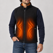 Model wearing the black polar fleece heated vest with an illustrative warm heating effect